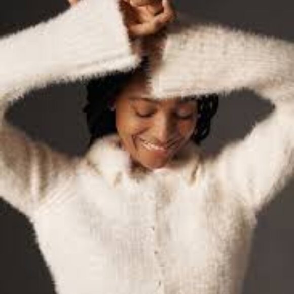 By Anthropologie Pearl Button Fuzzy Cardigan Sweater White - Picture 2 of 7